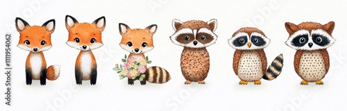 minimal photostock of a  Watercolor set of forest cartoon isolated cute baby fox, deer, raccoon and owl animal with flowers