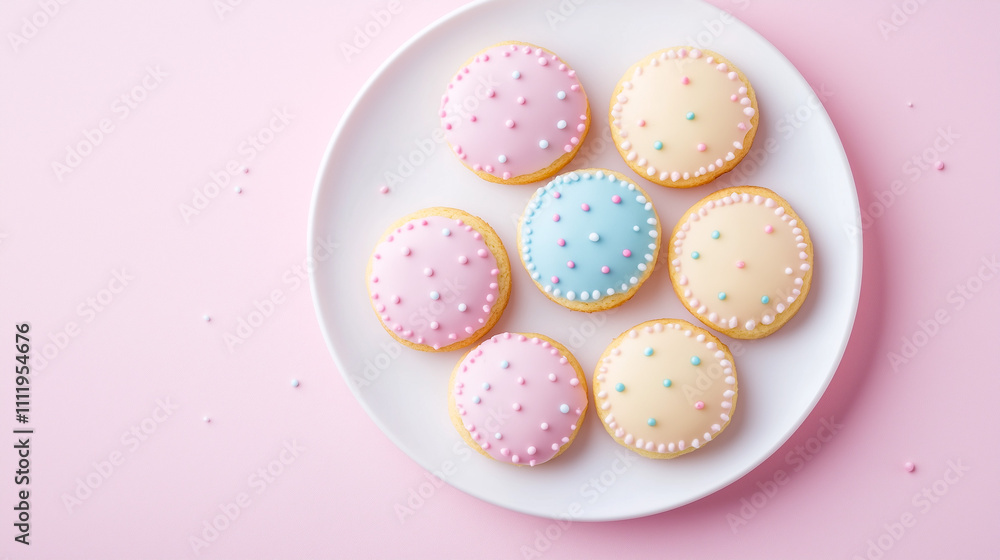 Assorted Pastel Frosted Cookies with Sprinkles on White Plate Against Pink Background - Sweet Dessert Presentation for Baking and Party Themes Assorted Pastel Frosted Cookies with Sprinkles on White Plate Against Pink Background - Sweet Dessert Presentation for Baking and Party Themes