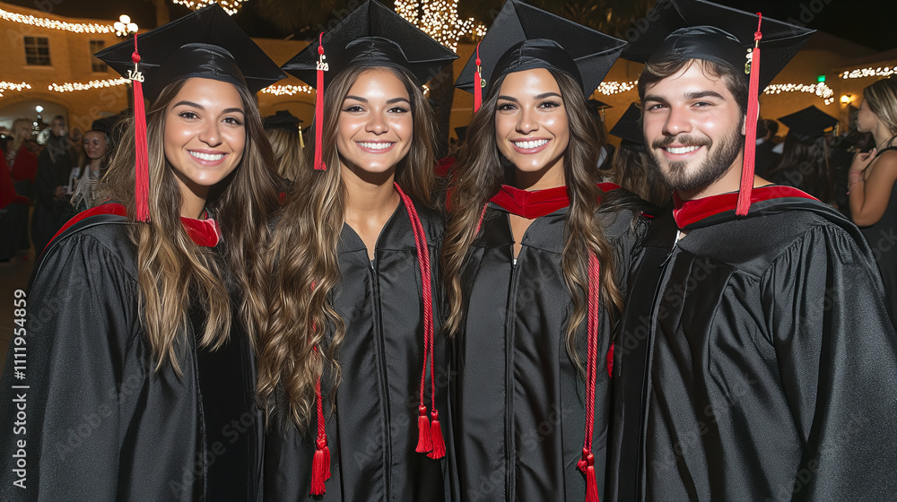 Obraz premium Graduates celebrating their achievement, wearing caps and gowns, smiling joyfully. atmosphere is festive with lights in background, capturing moment of pride and accomplishment