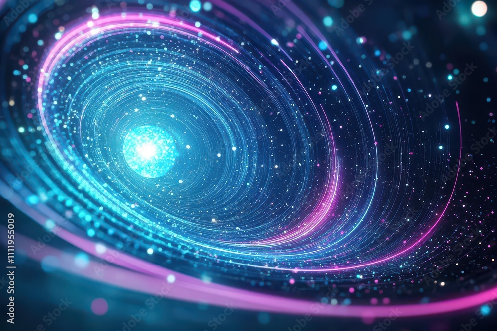 Obraz premium Abstract starry vortex pulling light into its center, soft pastel hues blending into neon blues, luminous 3D render, scifi aesthetic