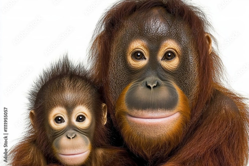 minimal photostock of a Mother and baby orang-utan in their native habitat. Rainforest of Borneo. , isolated on white background, , copy space, copy space for text, minimal photostock of a Mother and baby orang-utan in their native habitat. Rainforest of Borneo. , isolated on white background, , copy space, copy space for text,