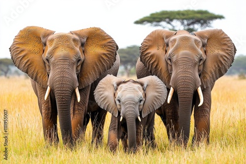 minimal photostock of a  A herd of wild elephants walk through the savanna of Tarangire National Park in Tanzania photo