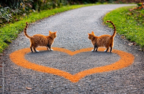 minimal photostock of a  a pair of cute lovers striped cat walking on a Sunny path in a warm spring garden twisting their tails in the heart photo