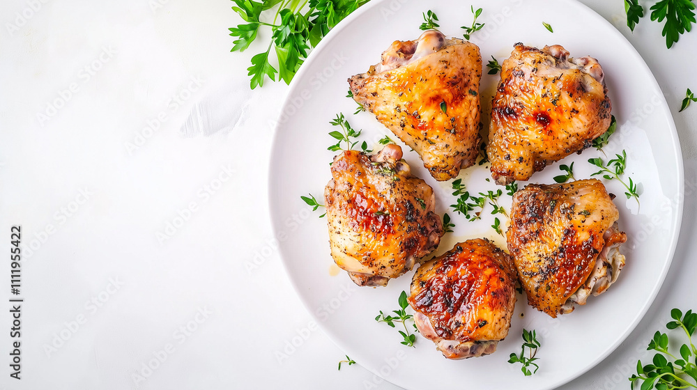 Juicy Roasted Chicken Thighs Garnished with Fresh Parsley on White Plate - Gourmet Culinary Presentation for Food Blogs and Menus Juicy Roasted Chicken Thighs Garnished with Fresh Parsley on White Plate - Gourmet Culinary Presentation for Food Blogs and Menus