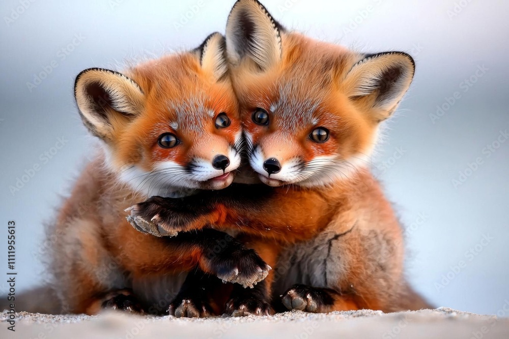 minimal photostock of a Wild baby red foxes cuddling at the beach, June 2020, Nova Scotia, Canada , isolated on white background, , copy space, copy space for text, minimal photostock of a Wild baby red foxes cuddling at the beach, June 2020, Nova Scotia, Canada , isolated on white background, , copy space, copy space for text,