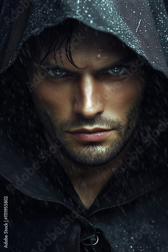  A handsome man with dark hair and grey eyes wearing a black hooded cloak, portrait, rainy night, fantasy dark romance cover art style, cinematic