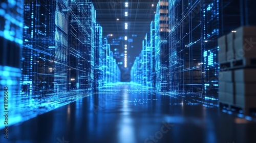 Futuristic digital warehouse architecture in a virtual network. Modern logistics in cyberspace structure. Innovation storage solutions, industry patterns, and high systems with glowing blue
