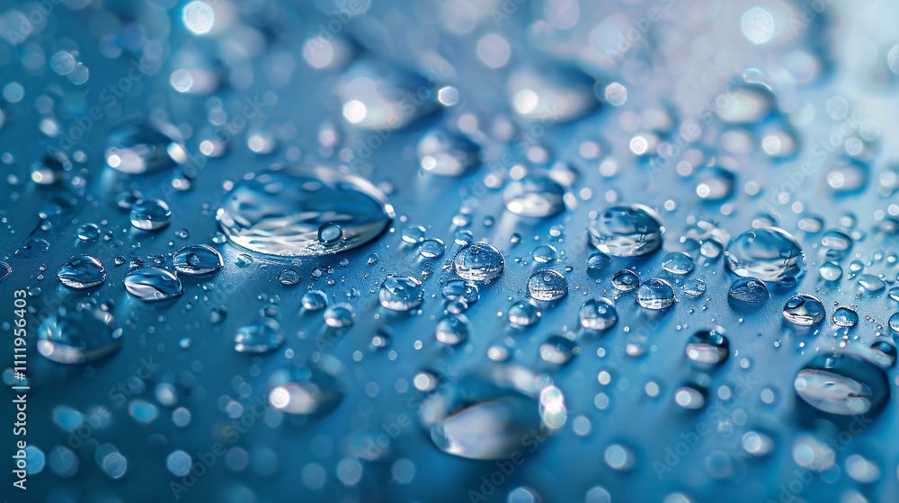Crisp image of clear blue water drops scattered on a textured blue surface with delicate reflections and details Crisp image of clear blue water drops scattered on a textured blue surface with delicate reflections and details