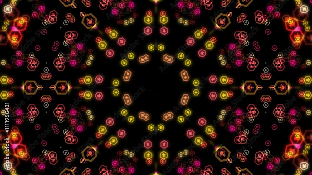 Kaleidoscopic Hexagon Pattern with Glowing Arrows and Neon Colors Kaleidoscopic Hexagon Pattern with Glowing Arrows and Neon Colors