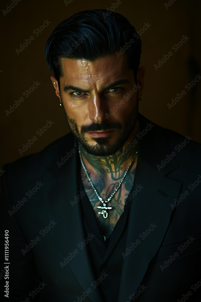 tanned skin, hot and attractive Italian mafia billionaire with a tattoo on his neck , wearing a luxurious black suit. Looking at camera with piercing and sensual gaze tanned skin, hot and attractive Italian mafia billionaire with a tattoo on his neck , wearing a luxurious black suit. Looking at camera with piercing and sensual gaze