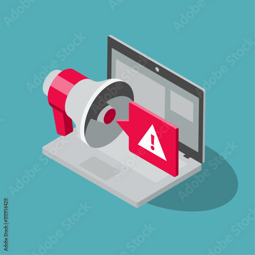 Fake news symbol with a laptop computer and a megaphone with manipulated information. Isometric flat design, easy to use for your website or presentation.