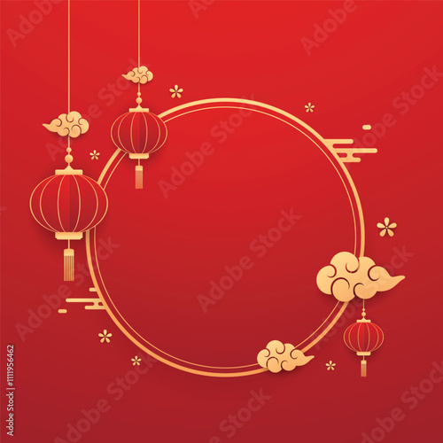 Happy Chinese new year 2025. Chinese new year banner for show product. Greeting card. China frame with lantern on red background.