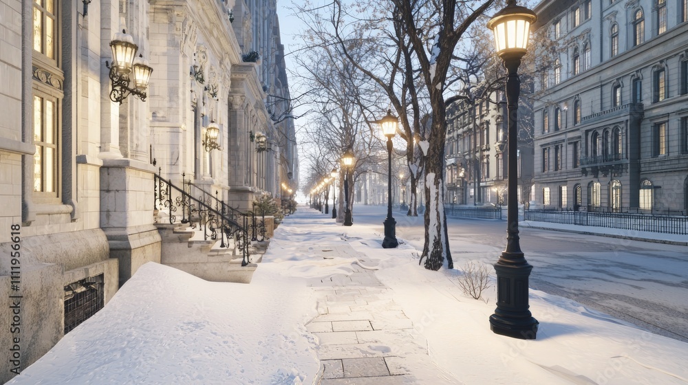 Serene Winter Cityscape with Snow-Blanketed Sidewalks and Vintage Streetlights Creating Inviting Ambiance in Photorealistic Detail Serene Winter Cityscape with Snow-Blanketed Sidewalks and Vintage Streetlights Creating Inviting Ambiance in Photorealistic Detail
