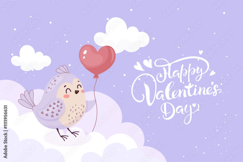 Happy valentines day. Bird on the background of purple sky, horizontal postcard. Happy valentines day. Bird on the background of purple sky, horizontal postcard.
