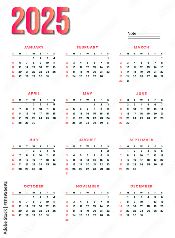 2025 year english vector calendar Modern clean design with 12 months 2025 year english vector calendar Modern clean design with 12 months