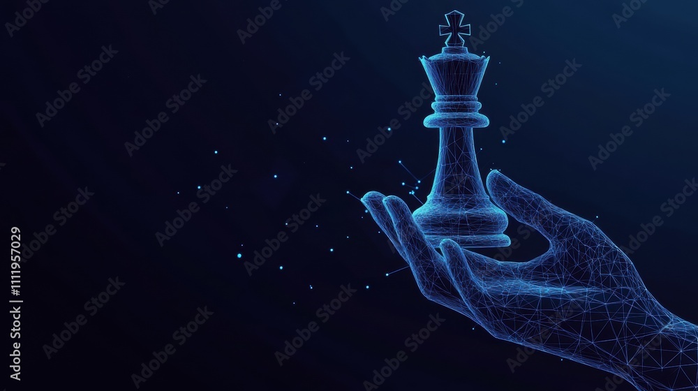 Strategic thinking in chess digital art representation of a hand holding a king piece in a futuristic environment Strategic thinking in chess digital art representation of a hand holding a king piece in a futuristic environment