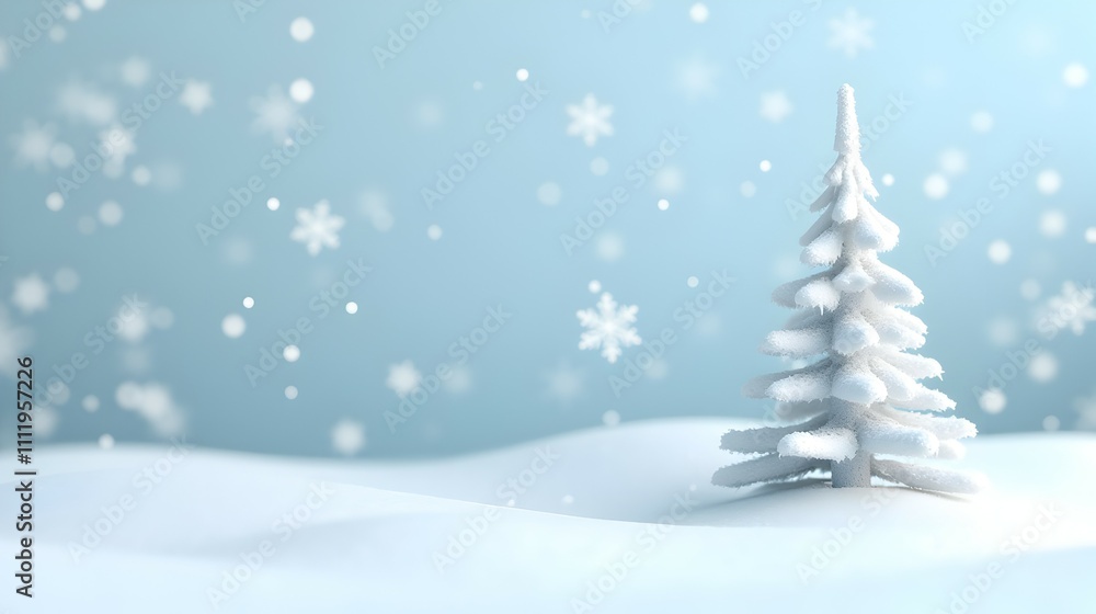 Winter wonderland: A snow-covered fir tree stands alone in a serene, snowy landscape under a softly falling snow. Winter wonderland: A snow-covered fir tree stands alone in a serene, snowy landscape under a softly falling snow.