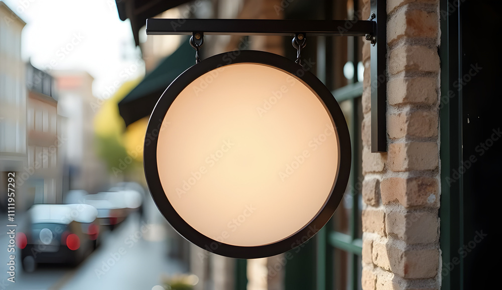 Circular Cafe Sign Mockup on Black Metal Bracket with Stone Wall Circular Cafe Sign Mockup on Black Metal Bracket with Stone Wall