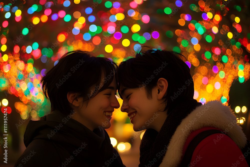 Romantic couple having fun at outdoor winter Christmas market. Happy people walking at snowy day on city street at winter day. New year holidays and Xmas shopping concept. Festive holiday season.