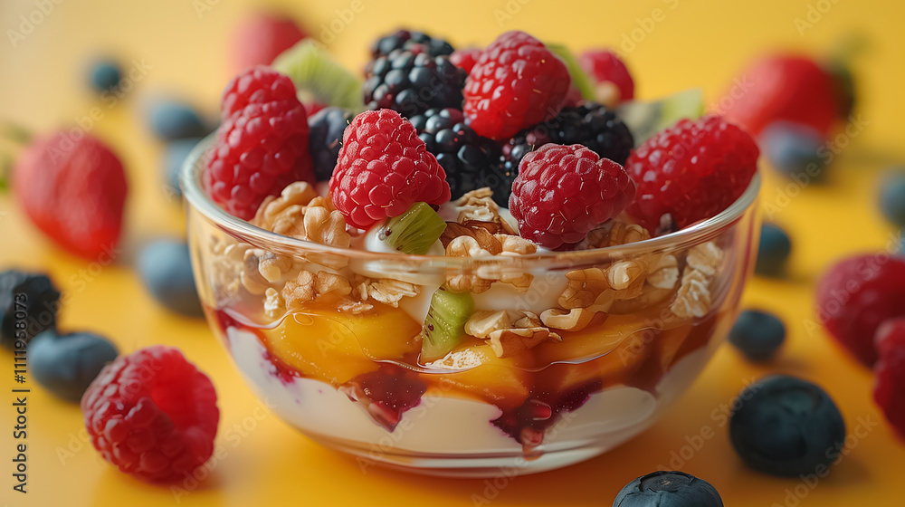 Topping Fruits Yogurt Dessert in Transparent Bowl, Yellow Food Background Topping Fruits Yogurt Dessert in Transparent Bowl, Yellow Food Background