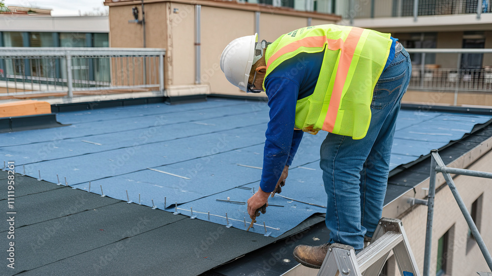 Flat Roof Worker Covering with Roofing Felt - Construction Worker, Roofing Installation, Waterproofing, Building Maintenance, Protective Material, Flat Roof Repair, Professional Work, Outdoor Worksite Flat Roof Worker Covering with Roofing Felt - Construction Worker, Roofing Installation, Waterproofing, Building Maintenance, Protective Material, Flat Roof Repair, Professional Work, Outdoor Worksite