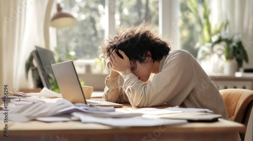 Exhausted student sitting over a pile of school papers, laptop resting his head in his hands, holding hid head with his hands. Tired student falling asleep while doing college homework.