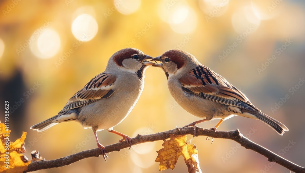 Two Sparrows Perched on a Branch with a Blurry Background Two Sparrows Perched on a Branch with a Blurry Background