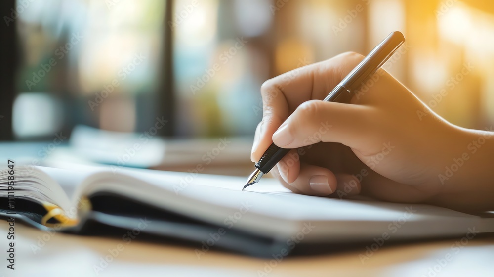 A person writes in a notebook with a pen. A person writes in a notebook with a pen.