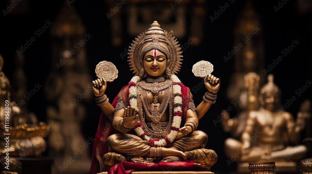 Fototapeta premium Golden statue of divine Dhananjaya on a black background