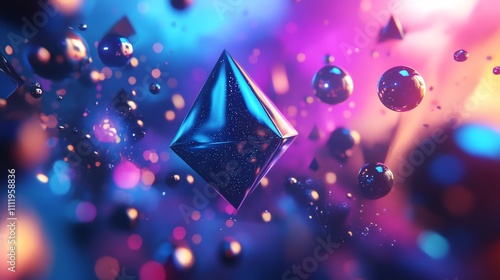 A blue diamond shape hovers over a field of iridescent orbs and geometric shapes.