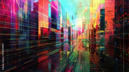 Vibrant  futuristic cityscape with colorful skyscrapers reflecting in a wet street at night  featuring dynamic light trails and a sense of speed and technology