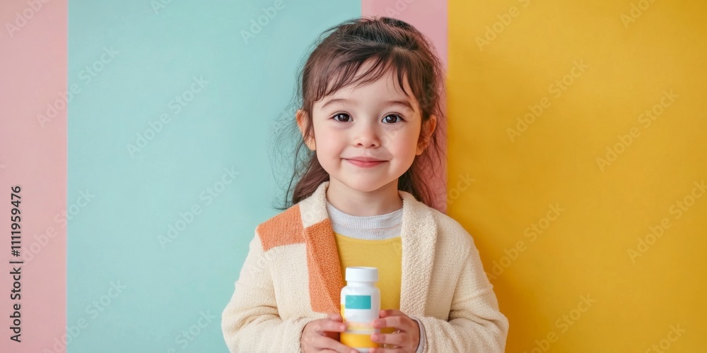 A cute child stands against a colorful background. She holds a vibrant bottle, embodying joy and innocence. This image captures playful and engaging moments. Ideal for family and product themes. AI A cute child stands against a colorful background. She holds a vibrant bottle, embodying joy and innocence. This image captures playful and engaging moments. Ideal for family and product themes. AI