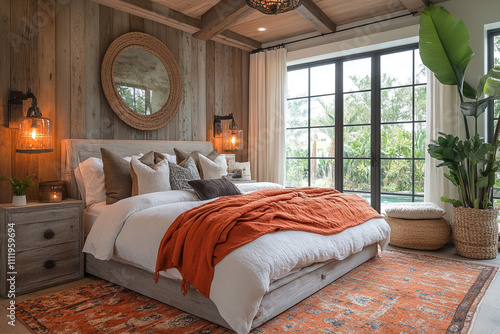 Rustic Coastal Bedroom Design With Orange Accents