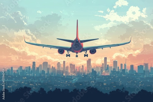 Flat vector airplane flying over a city.	