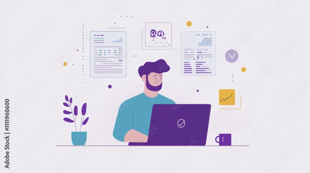 Marketing professional calculating ROI, laptop screen filled with KPIs and performance metrics Marketing professional calculating ROI, laptop screen filled with KPIs and performance metrics