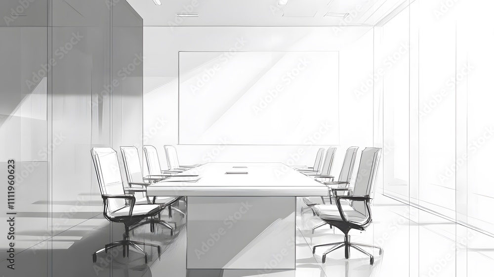 Contemporary-style meeting room interior with a large conference table and a white backdrop wall. Contemporary-style meeting room interior with a large conference table and a white backdrop wall.