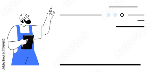 Construction worker in blue overalls holding a tablet, pointing at data lines and circles. Ideal for project planning, construction management, architectural design, data analysis, engineering