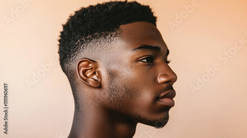 Profile portrait of a young man with short hair against a warm background capturing a moment of contemplation indoors