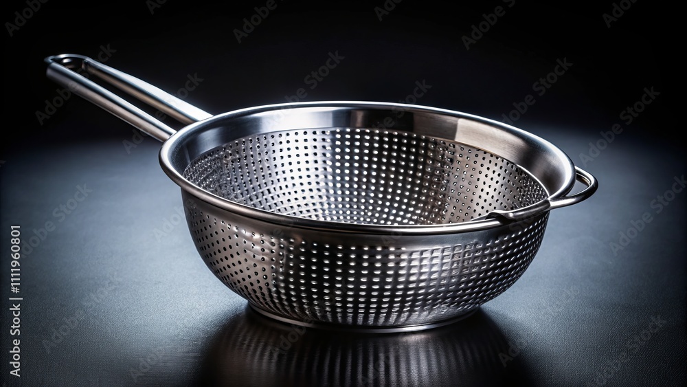Fryer Strainer on a Black Background: High Depth of Field Focused Image Capturing the Details of Kitchen Equipment for Culinary Use and Food Preparation Fryer Strainer on a Black Background: High Depth of Field Focused Image Capturing the Details of Kitchen Equipment for Culinary Use and Food Preparation
