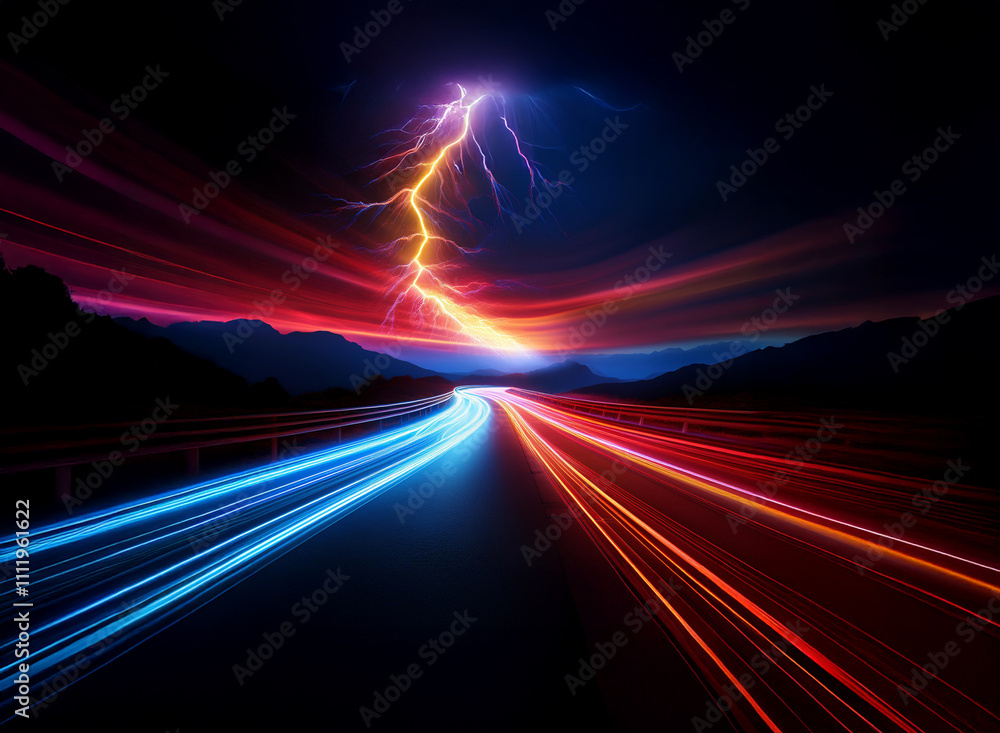 A vibrant lightning strike illuminates a dramatic night scene, where light trails streak across a highway, cutting through dark mountain silhouettes. The colors are intense and dynamic, conveying spe A vibrant lightning strike illuminates a dramatic night scene, where light trails streak across a highway, cutting through dark mountain silhouettes. The colors are intense and dynamic, conveying spe