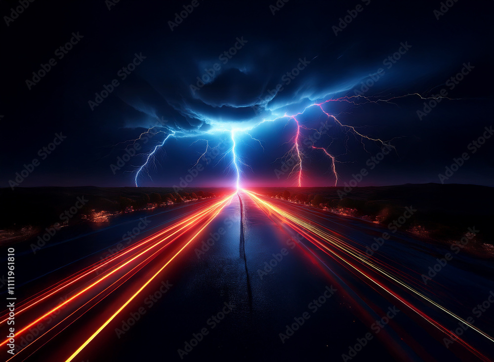A long highway stretches into a dramatic nightscape, bisected by a powerful lightning storm. Red and blue streaks of light from speeding cars contrast the electric blue and pink bolts above. A long highway stretches into a dramatic nightscape, bisected by a powerful lightning storm. Red and blue streaks of light from speeding cars contrast the electric blue and pink bolts above.