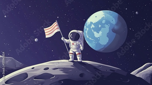 Astronaut plants a flag on the moon with Earth in the background.