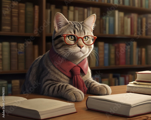 Tabby the Cat Librarian: Organize Books and Inspire Readers. Librarian Keith: The Scholarly Tabby Cat Who Loves Quiet Library Moments photo