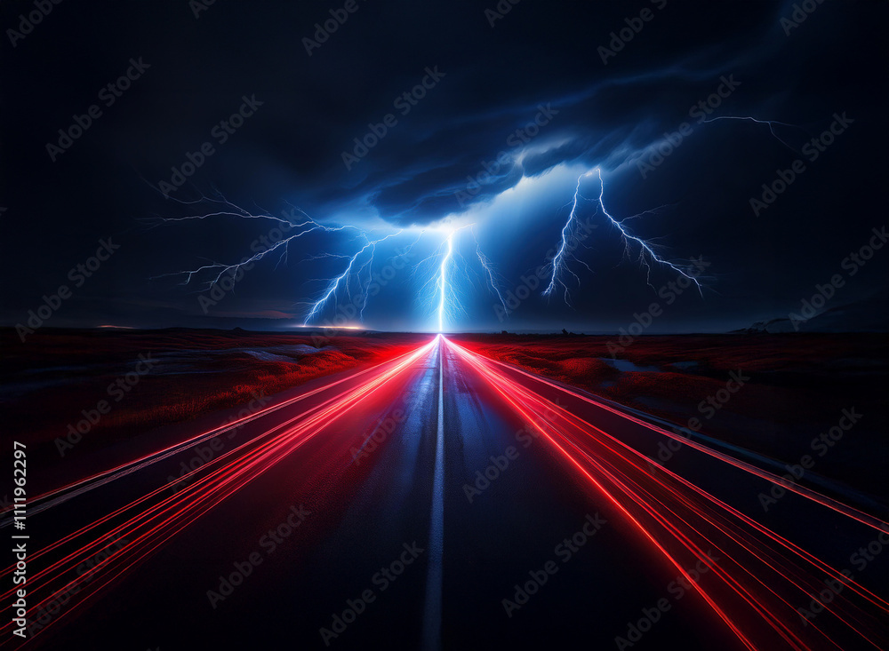 A long, dark road stretches towards a dramatic thunderstorm at night. Light trails from speeding cars create red and blue streaks, mirroring the lightning above. The scene evokes a sense of speed, po A long, dark road stretches towards a dramatic thunderstorm at night. Light trails from speeding cars create red and blue streaks, mirroring the lightning above. The scene evokes a sense of speed, po
