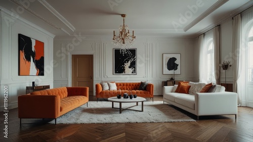 Bright and spacious living room with white walls  parquet and minimalistic furniture