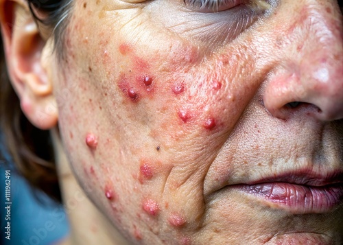 High-Resolution Close-Up of Hypersensitive Skin with Blisters and Visible Itching, Medical Focus on Skin Discomfort and Irritation, Capturing the Essence of Skin Conditions photo