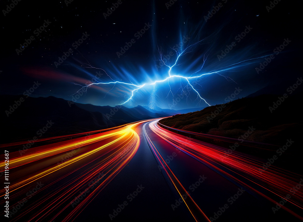 A vibrant lightning storm illuminates a winding road at night, streaks of light painting the asphalt with speed and energy. The dramatic scene is set against a backdrop of dark mountains and a starli A vibrant lightning storm illuminates a winding road at night, streaks of light painting the asphalt with speed and energy. The dramatic scene is set against a backdrop of dark mountains and a starli