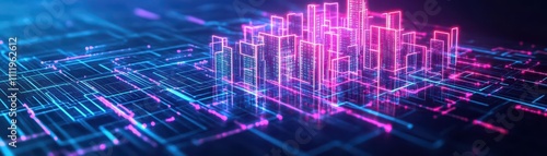 Blockchain system visualized as a glowing city with digital walls top view symbolizing data protection cybernetic tone Triadic Color Scheme