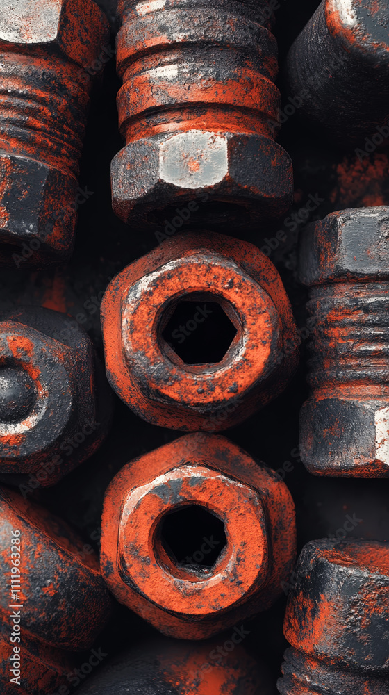 Industrial template, mix of cylinders, bolts and nuts, wrench. Copy space. Generative AI Industrial template, mix of cylinders, bolts and nuts, wrench. Copy space. Generative AI