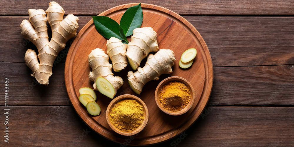 fresh ginger and ginger powder on a wooden tray fresh ginger and ginger powder on a wooden tray
